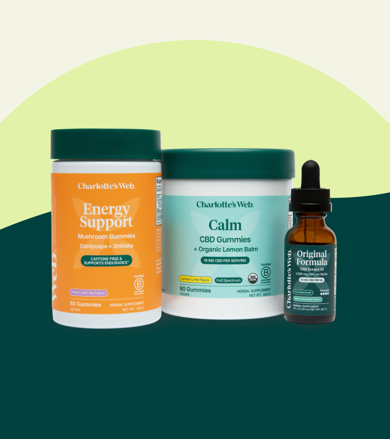 Three Charlotte's Web products on a green and yellow gradient background