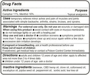 Product Image for Drug facts label for a topical analgesic product with active and inactive ingredients, uses, and warnings.