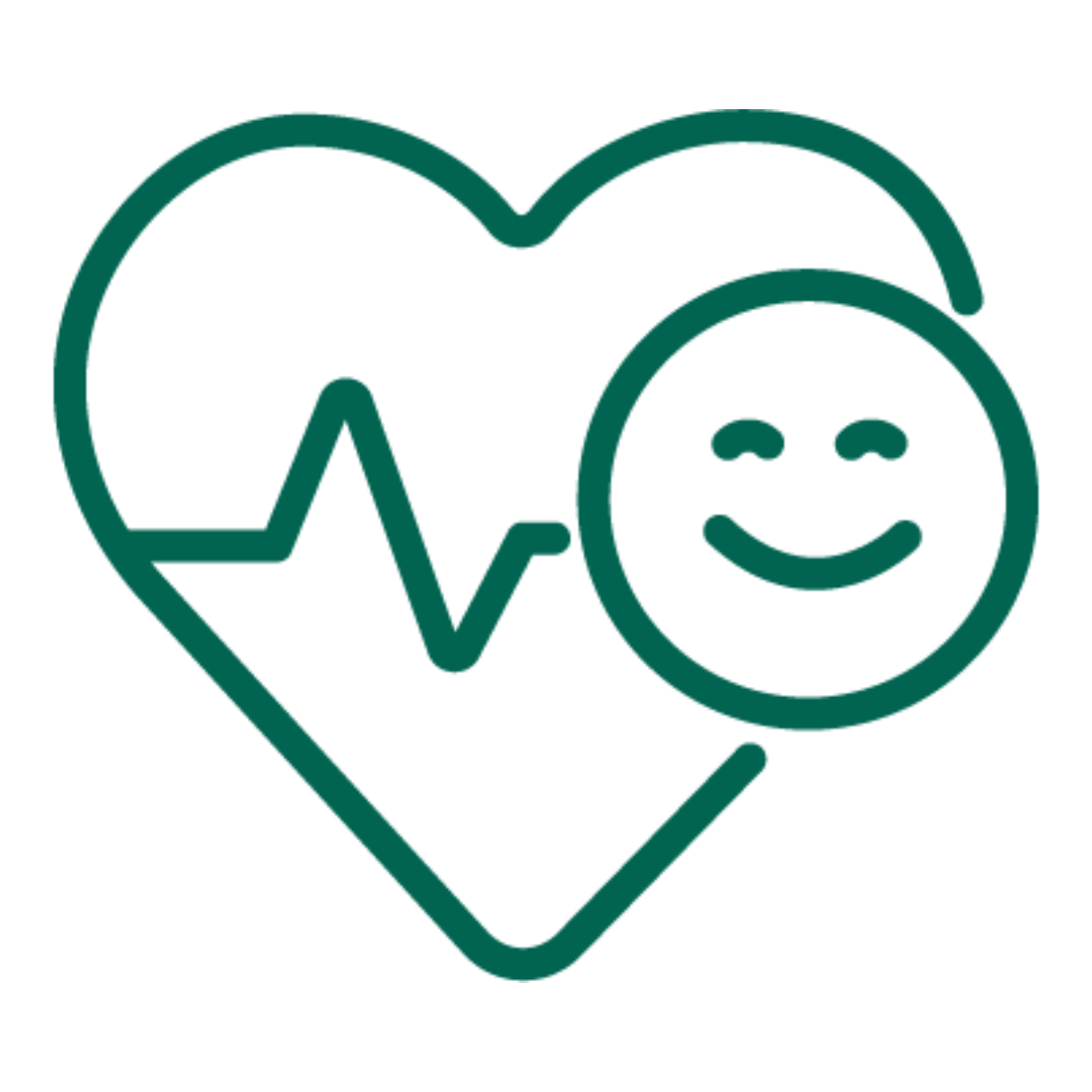 Green icon of a heart with a smiley face and heartbeat line on a white background